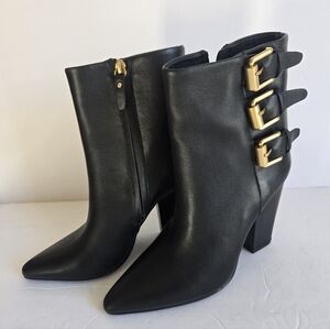 NEW REBECCA MINNKOS Black Ankle Boots with Gold Buckles.Size 5